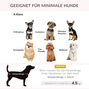 Geeignet für minimale Hunde: Chihuahua, Yorkshire, Zwergspitz, Malteser, Miniatur Pinscher, Toy Poodle.
