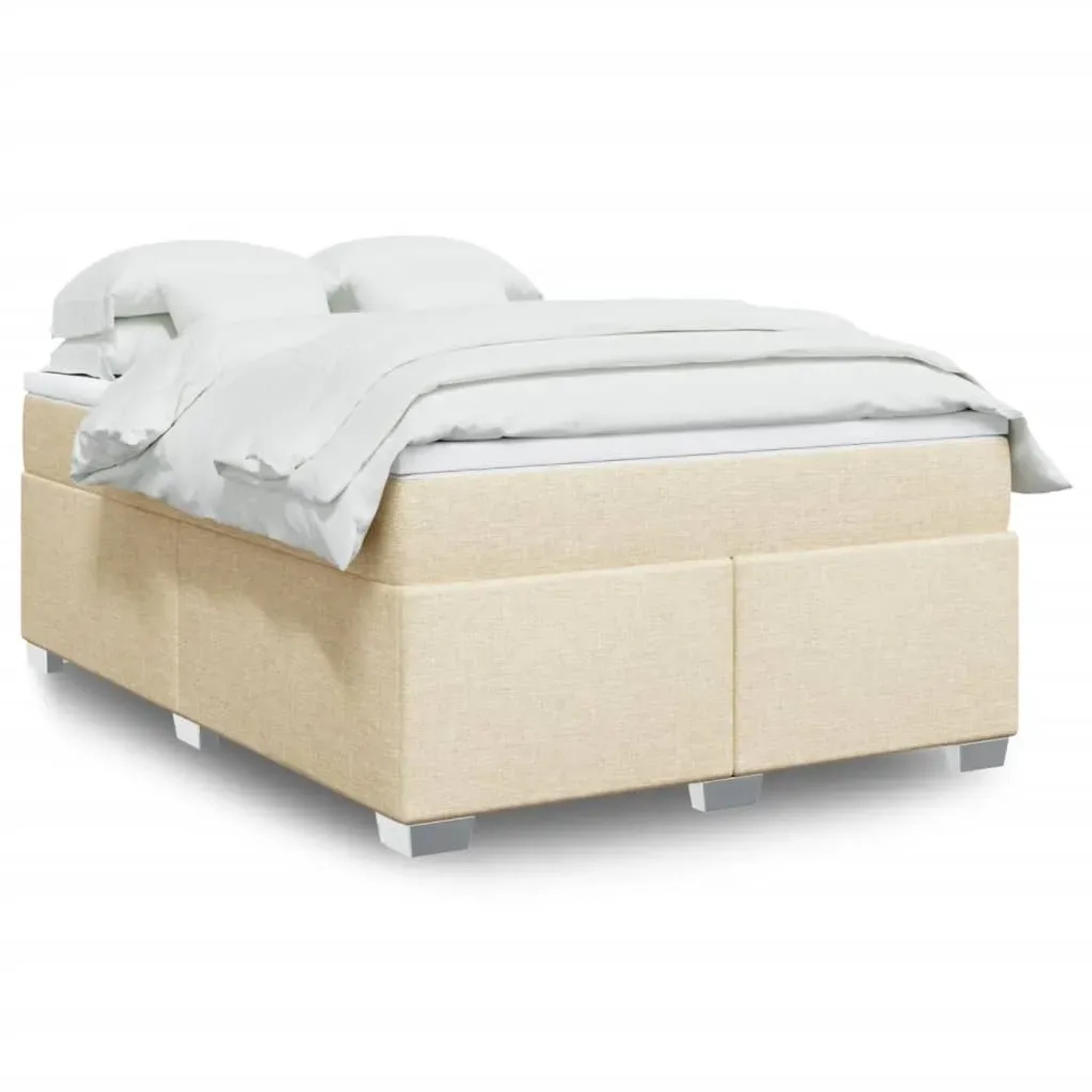 Cremefarbenes vidaXL Boxspringbett 140x200 cm mit Matratze und weißer Bettwäsche.