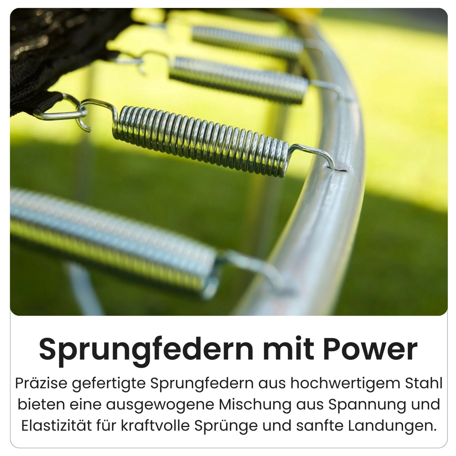 Detailaufnahme der Stahlfedern eines Zero Gravity Gartentrampolins, die am Rahmen befestigt sind.