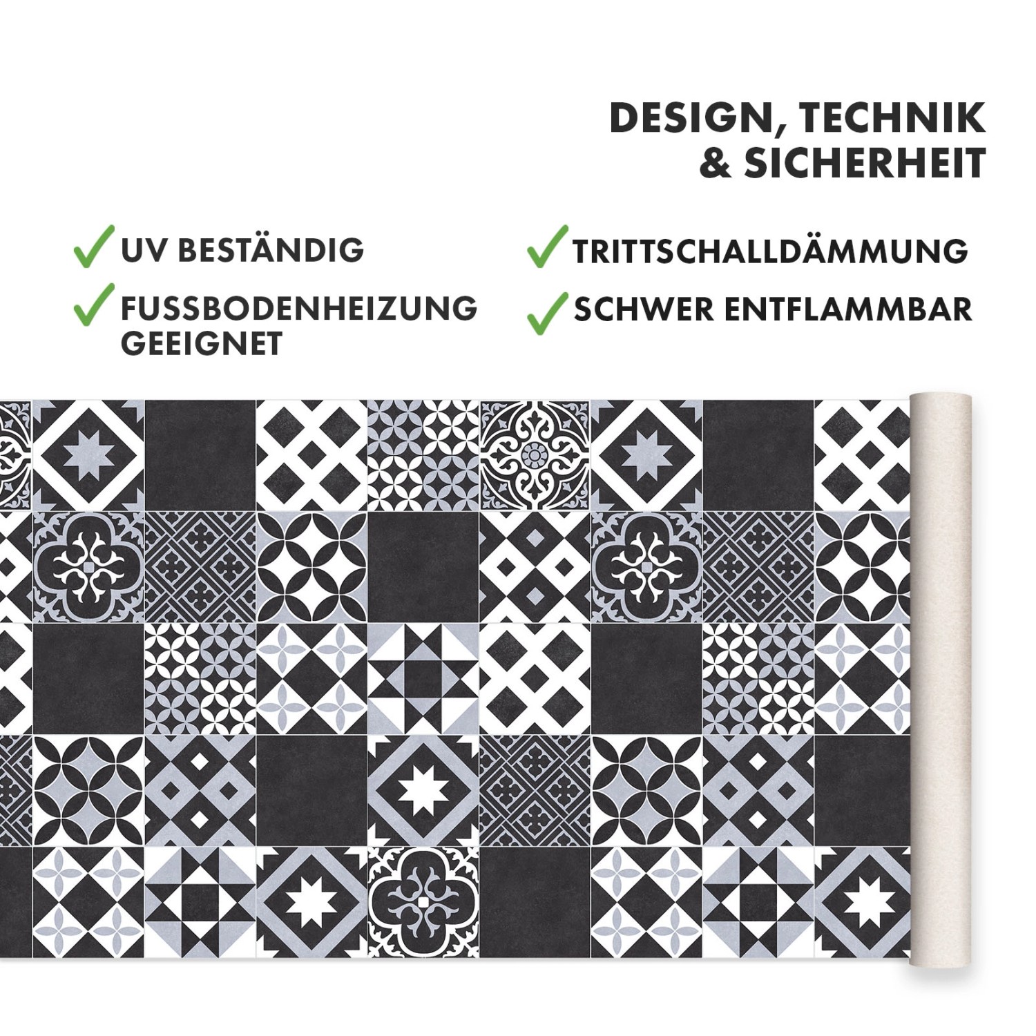 KARAT CV-Belag Amadora 990D in Grau mit Vintage Fliesenoptik als Rollenware.