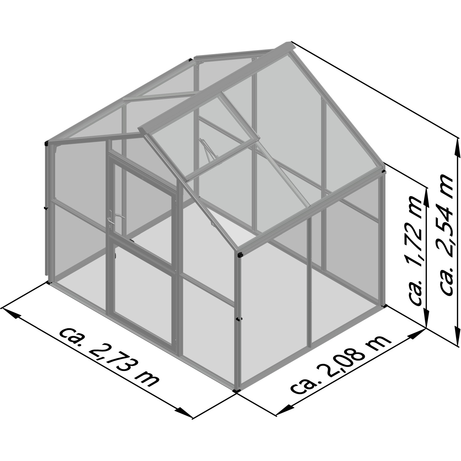 Abbildung des KGT Gewächshaus Novum II Tannengrün mit Maßangaben.