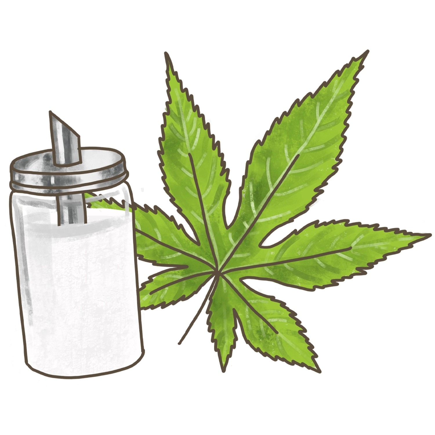 Illustration: Zuckerstreuer und grünes Blatt des BLU Bio-Cannabis-Zuckerstrauchs.
