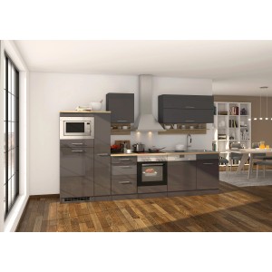 Moderne graue Küchenzeile Mailand 310 cm mit E-Geräten (Kühlschrank, Herd, Geschirrspüler, Mikrowelle).