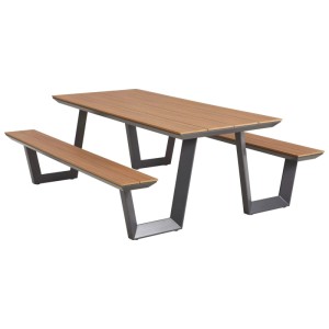 osoltus Alu Picknick Gartentisch Bank Florida, 200cm, Anthrazit mit Teak Optik. Aluminium-Sitzgruppe für Garten.