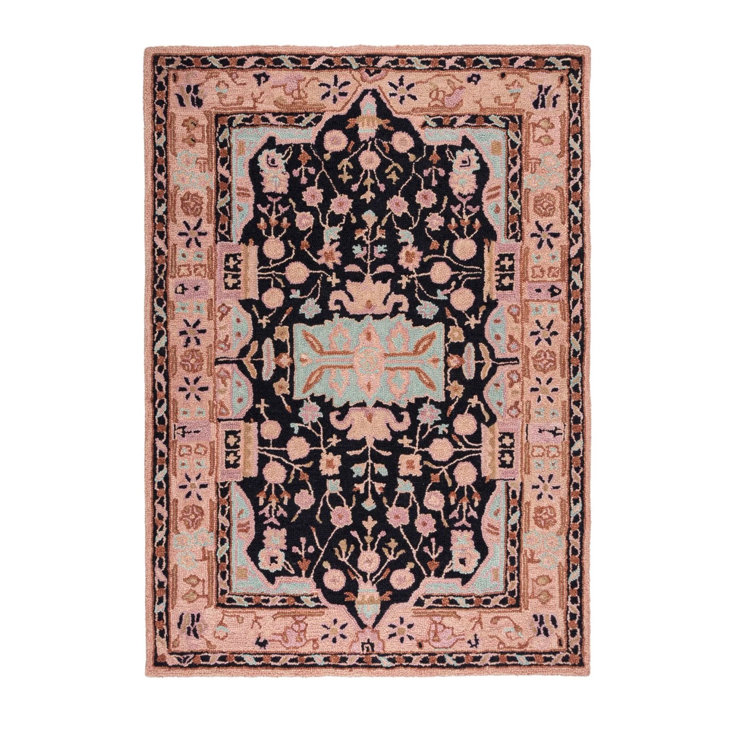Flair Rugs Wollteppich Blossom 200 cm x 290 cm Schwarz-Rosa