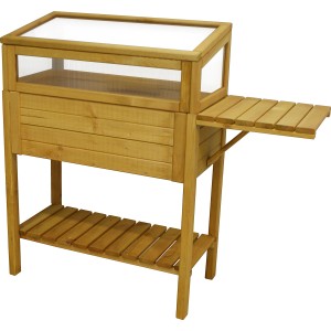 OBI Holz-Hochbeet mit Klapptisch, 118x39x107cm, aus lasiertem Pinienholz mit Ablagefläche.