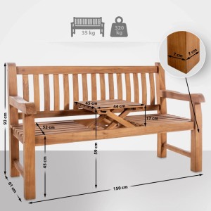 DELUKE Teak Gartenbank 150cm mit Klapptisch, Maße eingezeichnet.