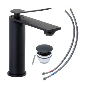 Schöner Wohnen Waschtischarmatur Viola, mattschwarz, mit Ablaufgarnitur und Anschlussschläuchen.