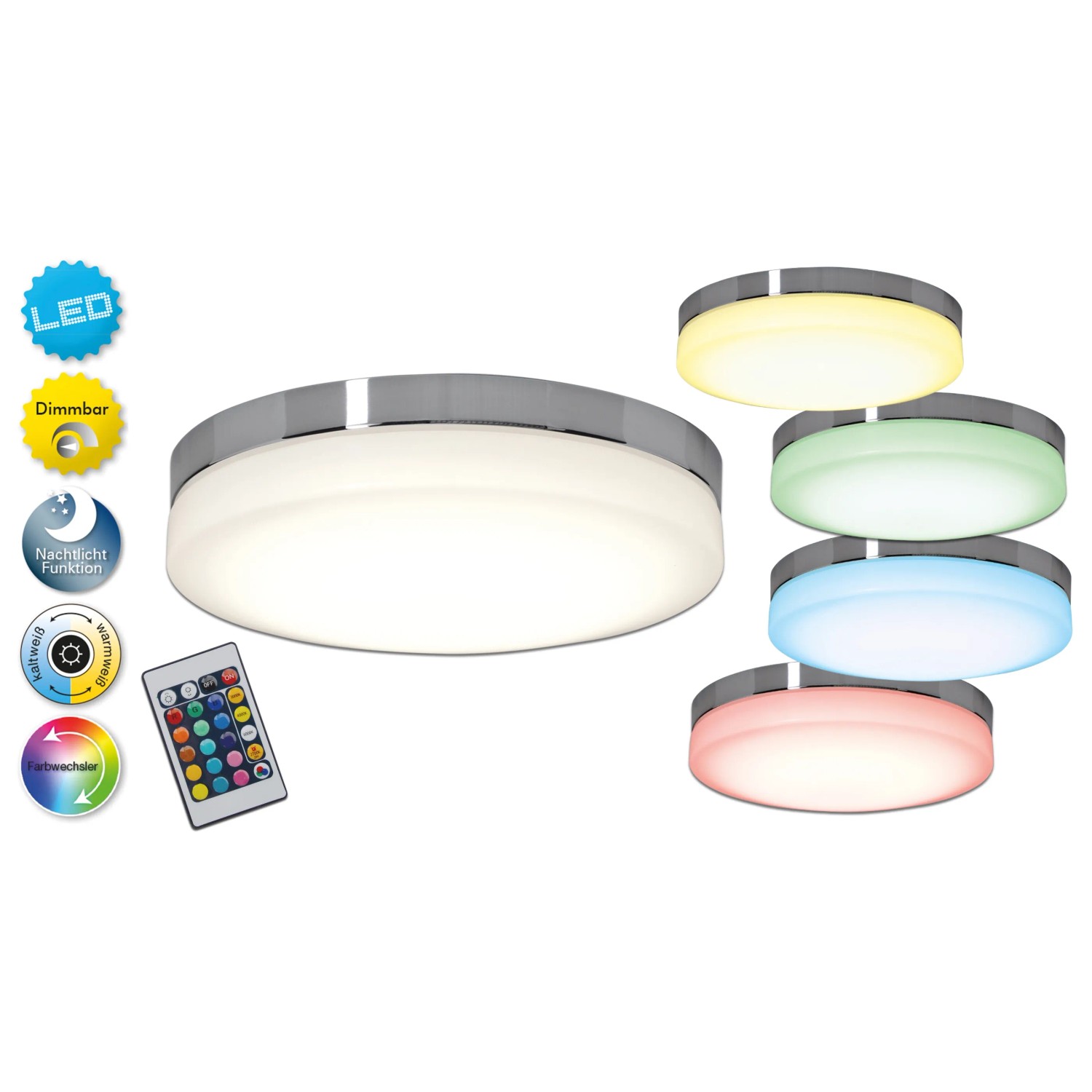 Dimmbare LED-Deckenleuchte Paris mit Farbwechsel und Fernbedienung.