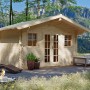 Skan Holz Gartenhaus Davos 1 Natur, 380x300cm, unbehandeltes Holz mit Fenster und Doppeltür.