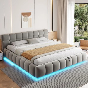Graues Polsterbett 180x200cm mit blauer LED-Beleuchtung und Stauraum. Modernes Design mit gepolstertem Kopfteil.