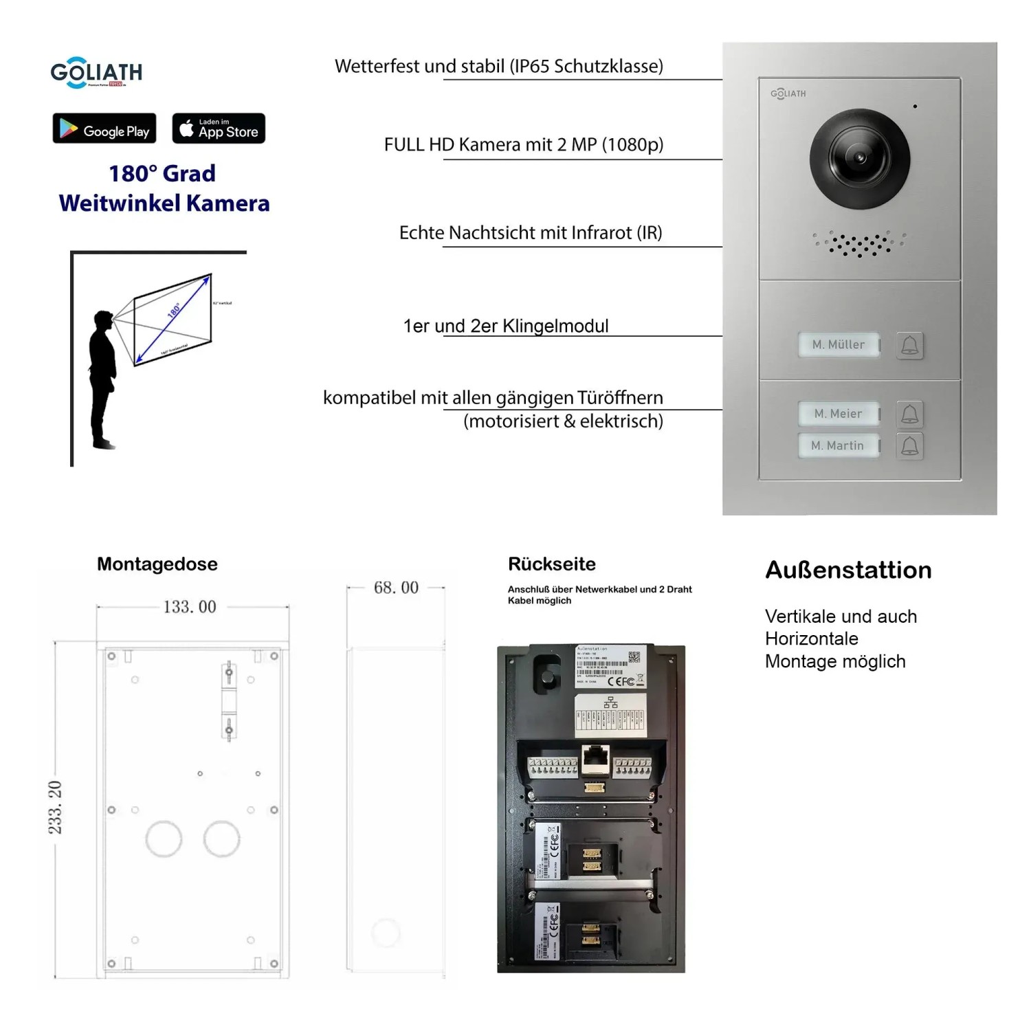 Goliath Video Türklingel für 3 Familien, 7 Zoll, Schwarz/Silber, Unterputz. Komplettset mit App-Steuerung.