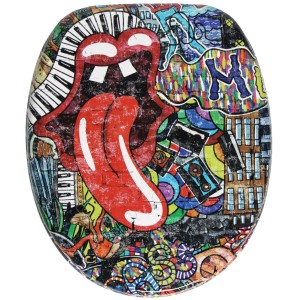 Sanilo WC-Sitz Graffiti mit Absenkautomatik, Toilettendeckel aus Holz mit buntem Graffiti-Muster.
