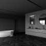 Modernes Badezimmer mit schwarzer Briloner LED-Spiegelleuchte Aciotis über dem Waschtisch.