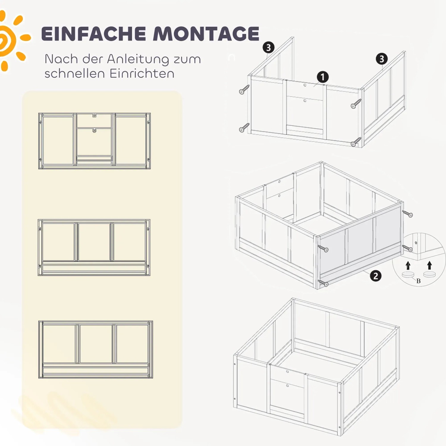 Montageanleitung für PawHut Wurfkiste aus Kiefernholz und MDF in Weiß.