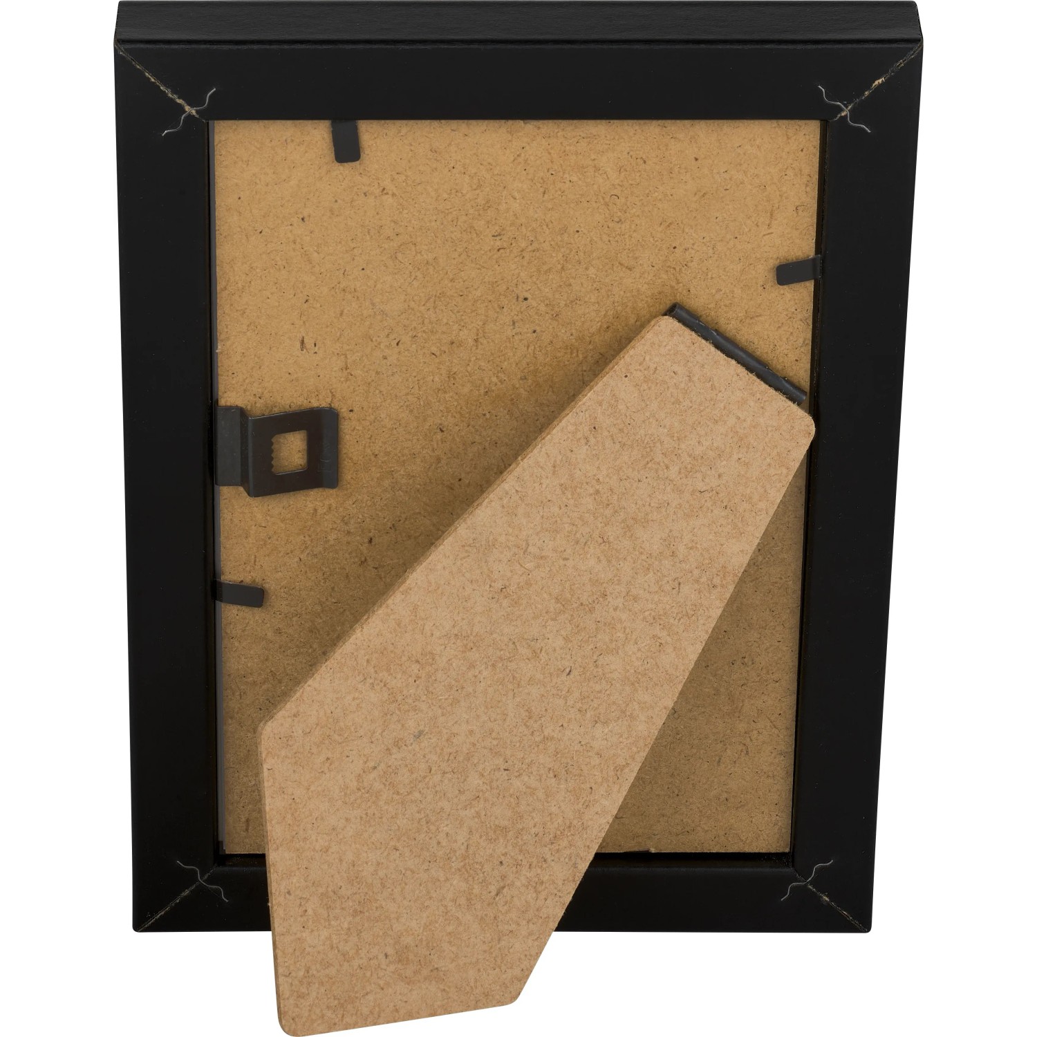 Rückseite eines schwarzen MDF-Bilderrahmens (10x15 cm) mit Aufsteller.