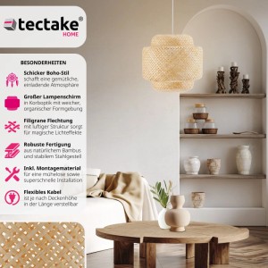 Tectake Deckenleuchte Lignea Lux im Boho-Stil mit geflochtener Bambus-Struktur, braun.