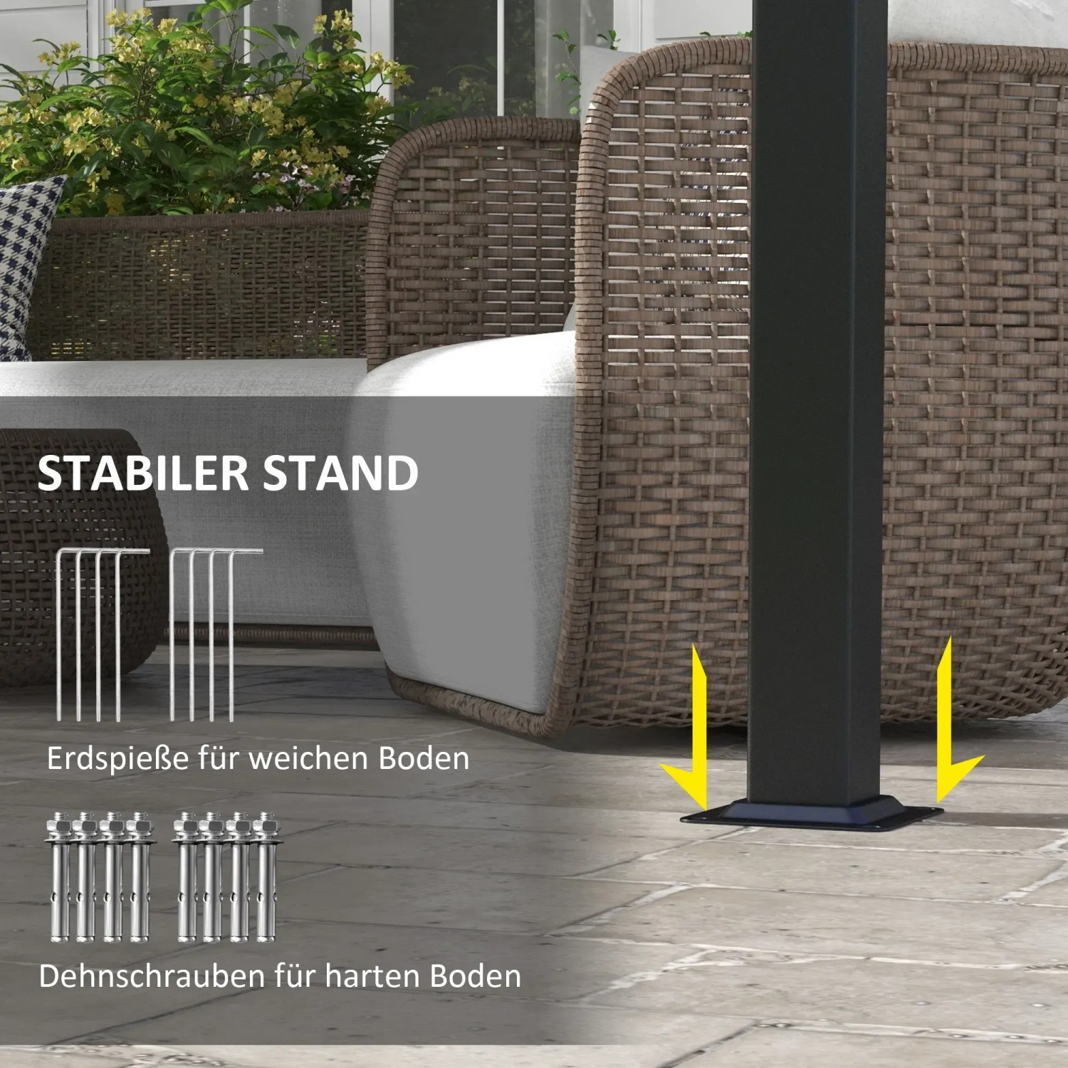 Detailaufnahme der Bodenbefestigung der Outsunny Pergola: Erdnägel und Dehnschrauben für sicheren Stand.