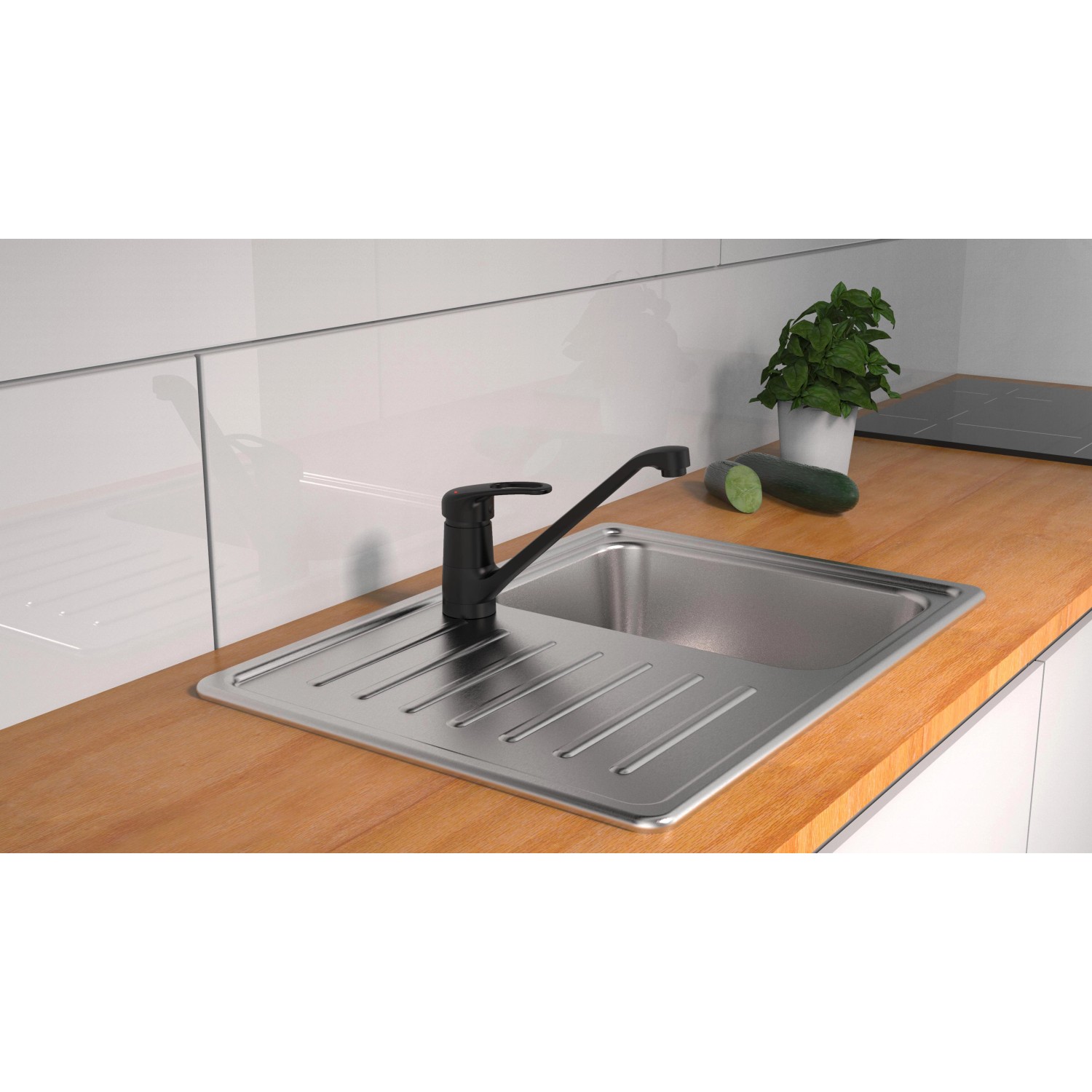 Schwarze Schütte Küchenarmatur Grande auf Spüle montiert. Einhebelmischer mit schwenkbarem Auslauf.