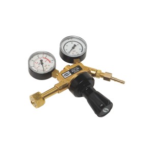 LUX Druckminderer Argon für Schweißgeräte mit zwei Manometern und schwarzem Drehknopf.