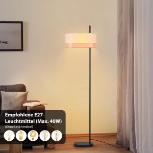 NETTLIFE Vintage Stehlampe mit schwarzem Gestell und zylindrischem weißen Stoffschirm, leuchtend im Wohnzimmer.