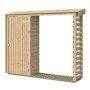 GH Killarney RH 300Nat Holz-Gartenhaus mit abschließbarer Tür und offenem Brennholzregal.