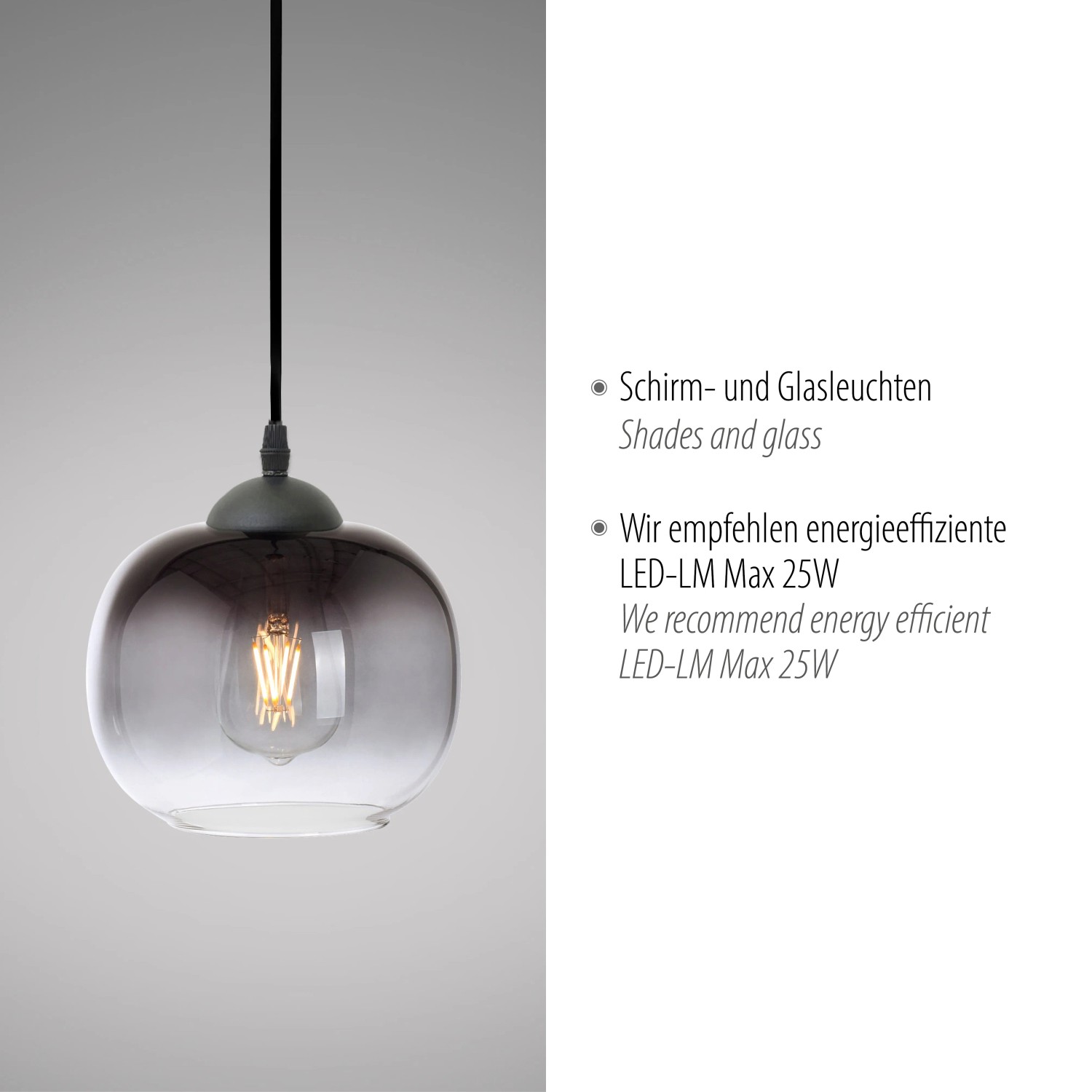 Schwarze Just Light Pendelleuchte Zea mit Rauchglas, 1-flammig. Elegante Hängeleuchte für Wohnräume.