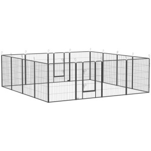 Modulares PawHut Welpengehege aus dunklem Metallgitter, quadratisch, mit zwei Türen für drinnen und draußen.