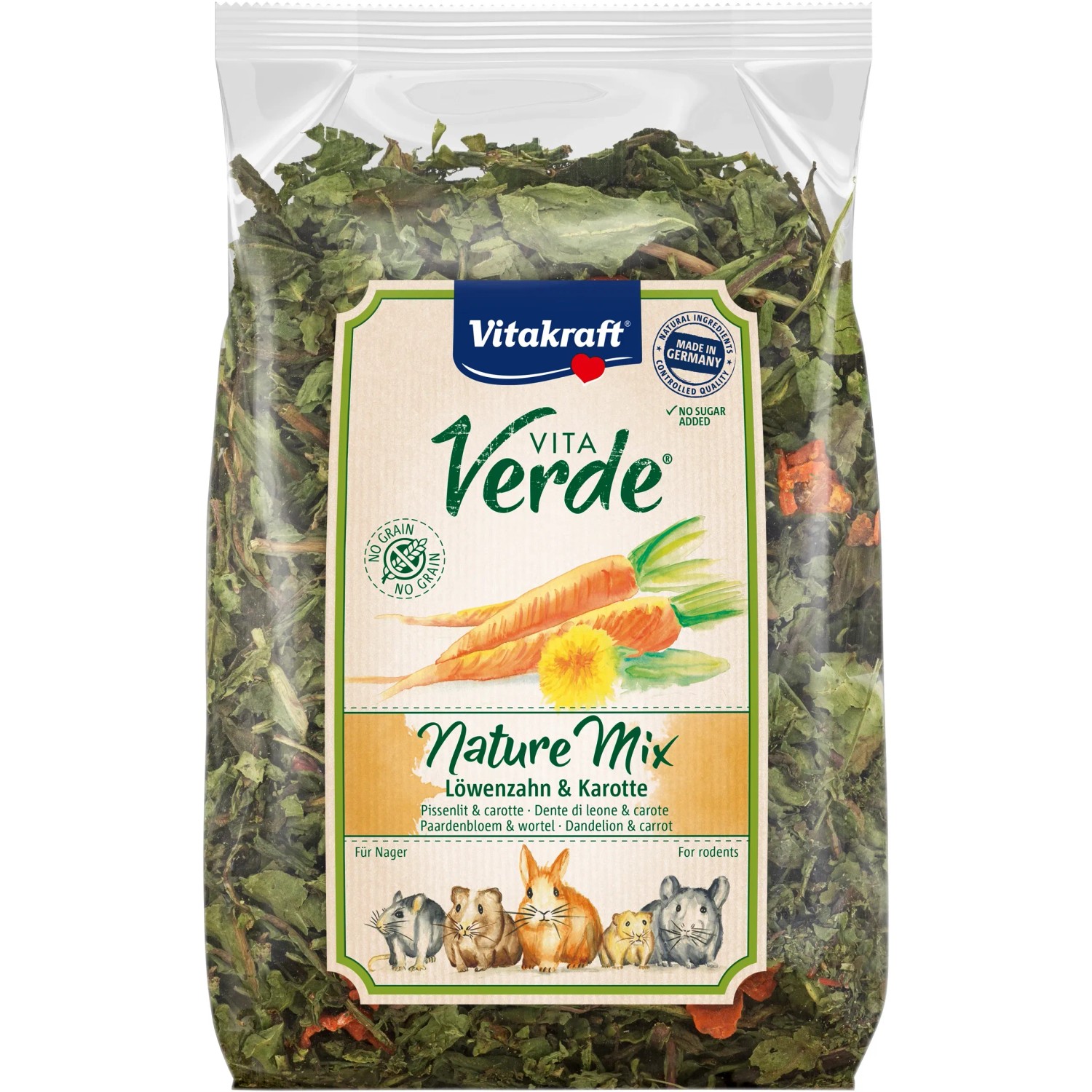 Vitakraft Vita Verde Nature Mix für Nager, 100g Packung mit Löwenzahn und Karotte.