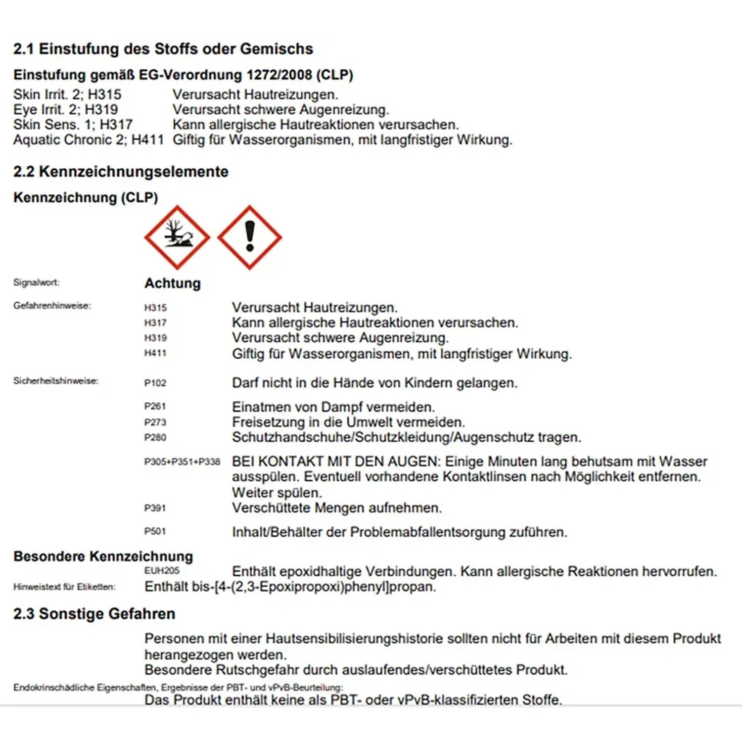 Sicherheitsdatenblatt: Gefahrenhinweise und Sicherheitsratschläge zu Inhaltsstoffen.