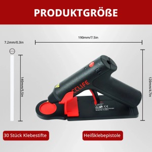 CCLIFE Akku Heißklebepistole schwarz-rot auf Ständer mit 30 Klebestiften (7,2mm). Kabelloses Heißklebegerät.