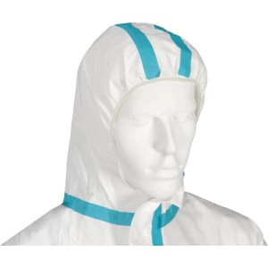 OX-ON Schutzanzug Protect Coverall Comfort Weiß M mit Kapuze und blauen Streifen.