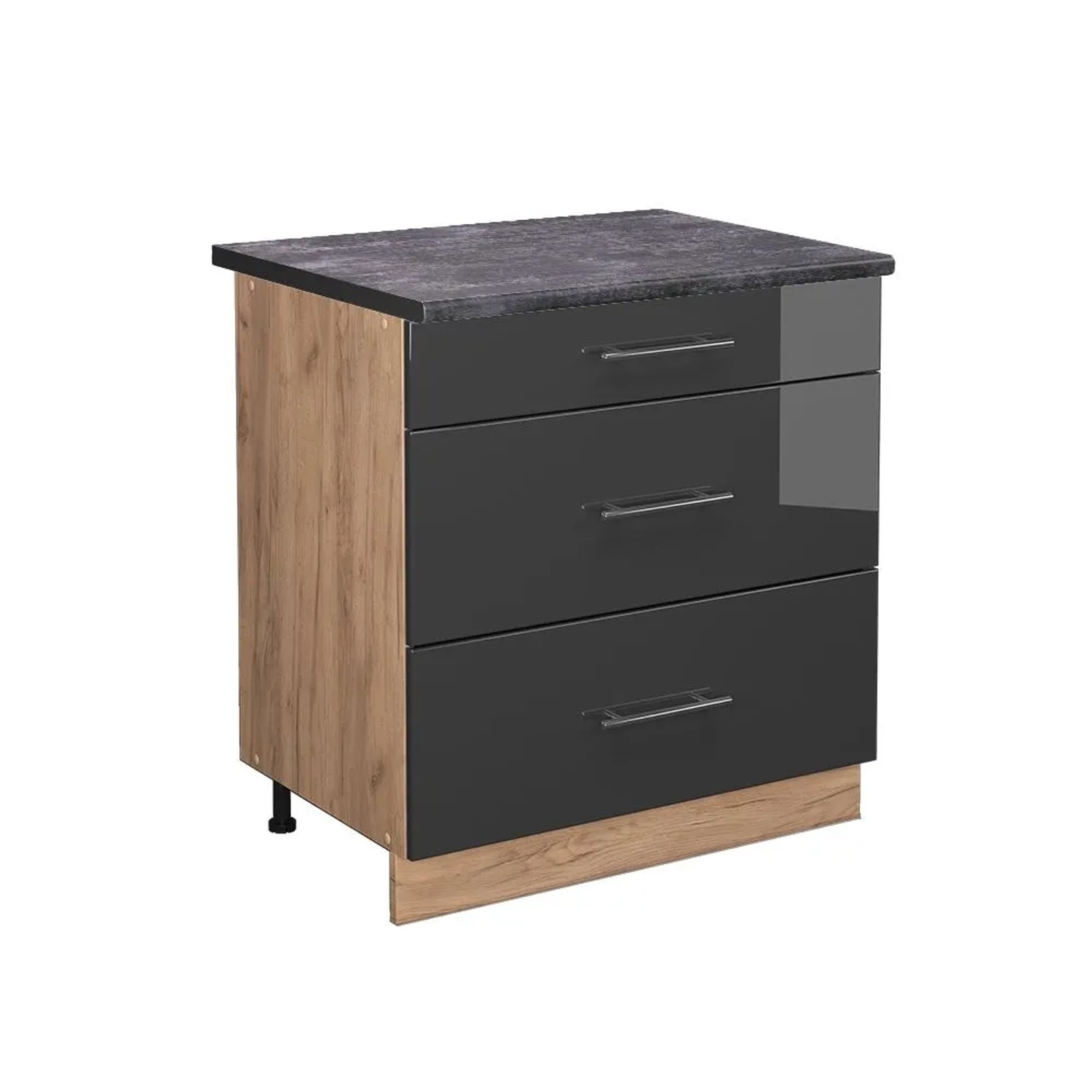Vicco Küchenunterschrank Fame-Line Anthrazit Hochglanz Goldkraft Eiche 80 cm mit 3 Schubladen AP Anthrazit