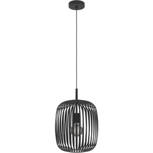 Schwarze Eglo Pendelleuchte Romazzina mit Lampenschirm aus Metallstreifen. Moderne Hängelampe für Wohnbereich.