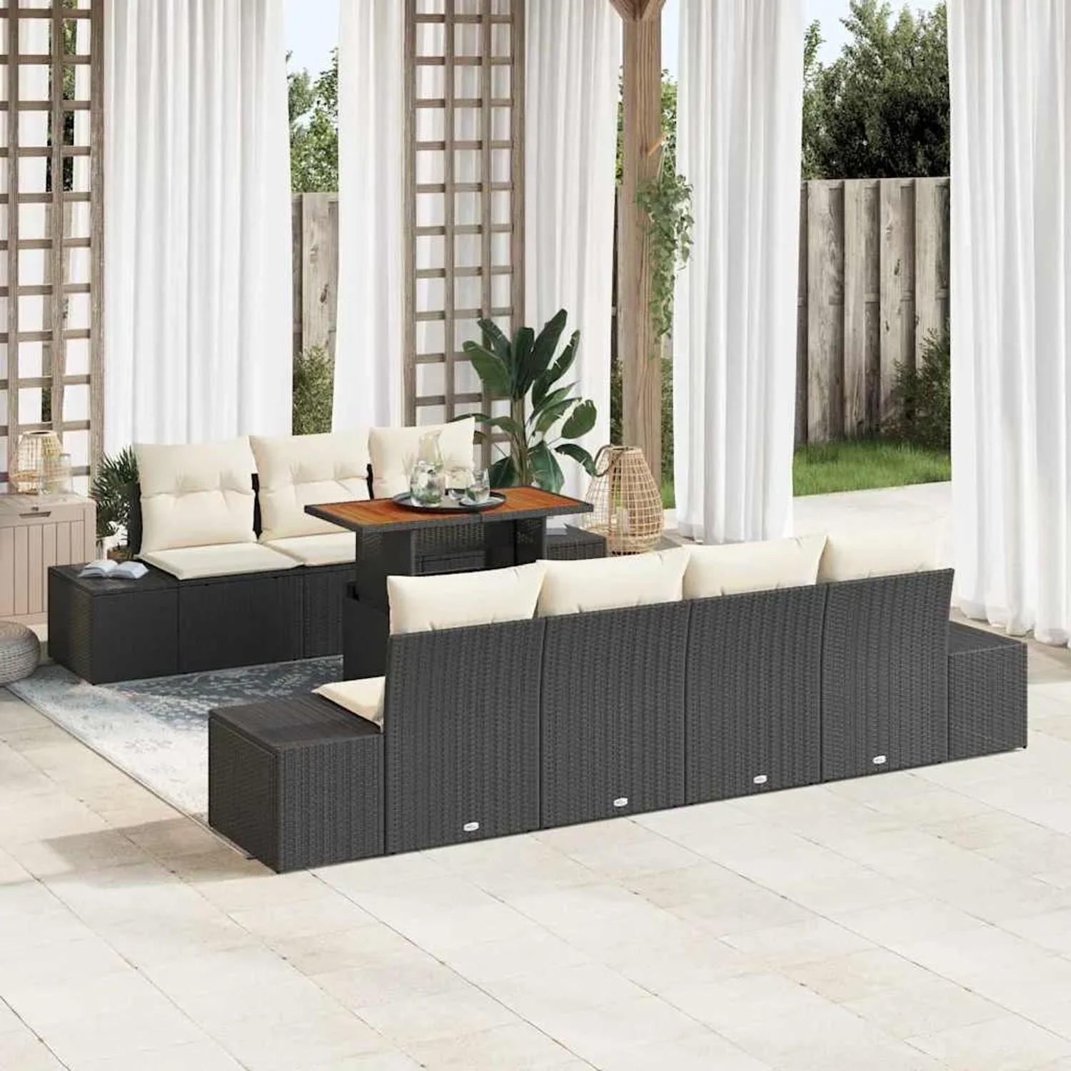 vidaXL Garten-Sofa-Set, 8-teilig, schwarz, Poly Rattan mit Tisch und Staufächern. Gartenmöbel für Terrasse und Garten.