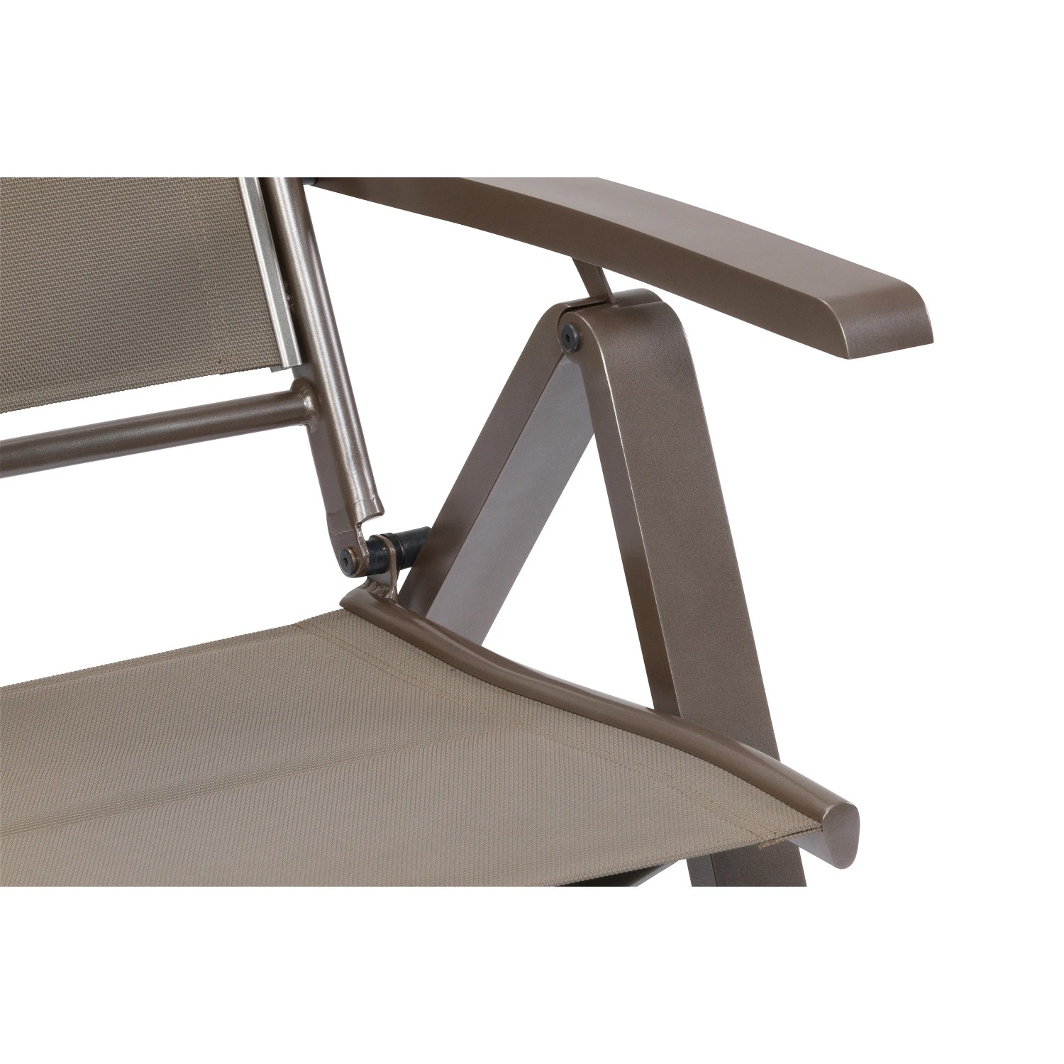 Detailaufnahme: Merxx Tinetto Klappsessel mit braunem Aluminiumgestell und Textilbespannung.