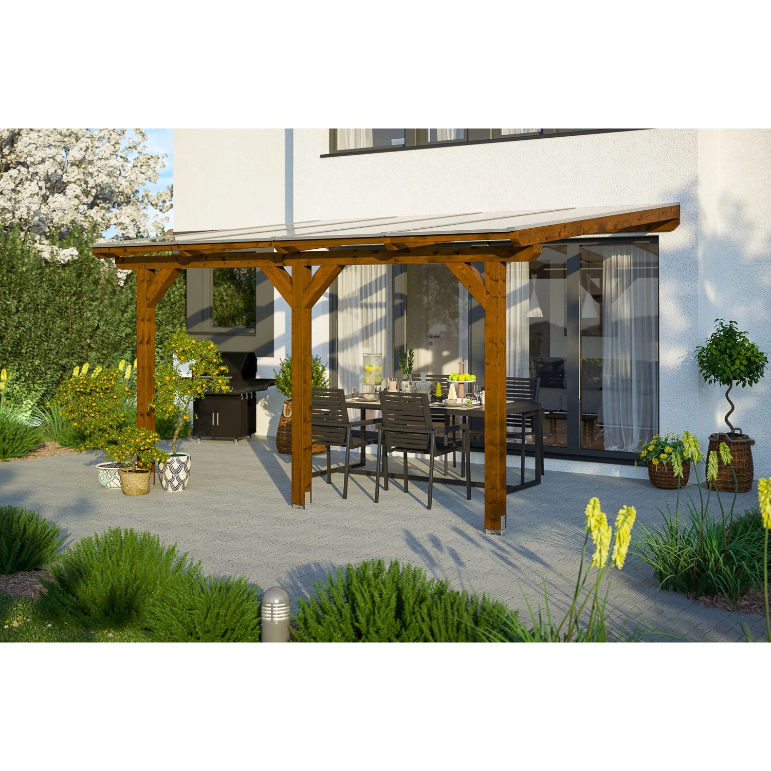 Skan Holz Terrassenüberdachung Andria 434 x 400 cm Leimholz Nussbaum