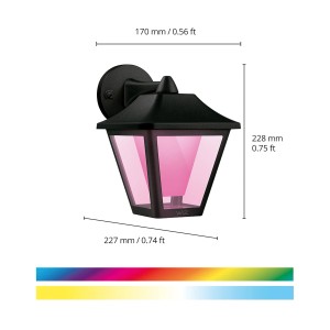 Schwarze WiZ Classic Außenwandleuchte mit pinkfarbenem Licht und Maßangaben.