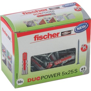 Verpackung Fischer Dübel DuoPower 5x25 mm mit Schrauben, geeignet für Voll- und Lochbaustoffe.