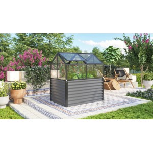 Vitavia Hochfrühbeet Gamma ESG Schwarz, 89x127x135cm, im Garten. Metall-Hochbeet mit Glasdach.