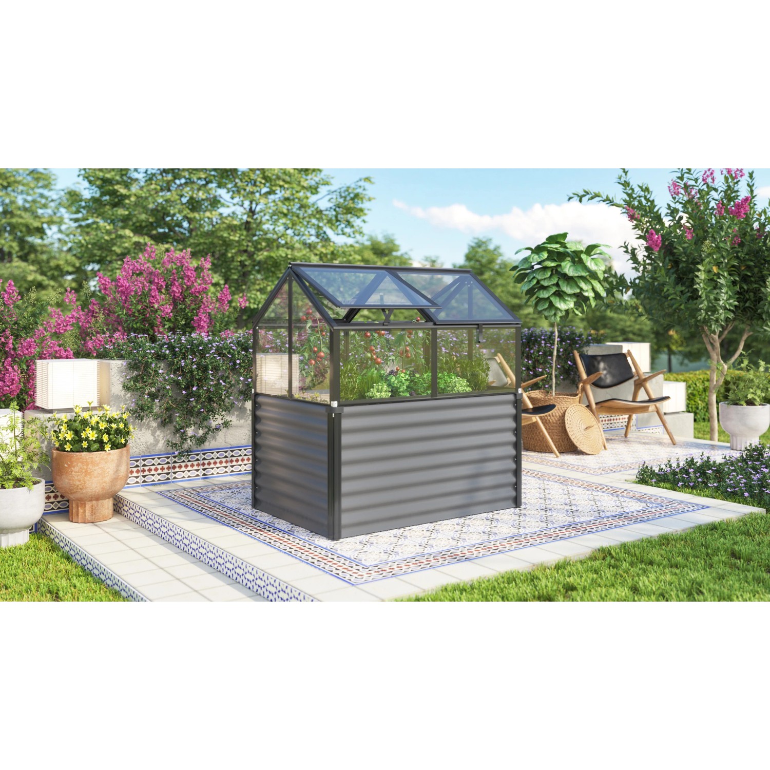 Vitavia Hochfrühbeet Gamma ESG Schwarz, 89x127x135cm, im Garten. Metall-Hochbeet mit Glasdach.