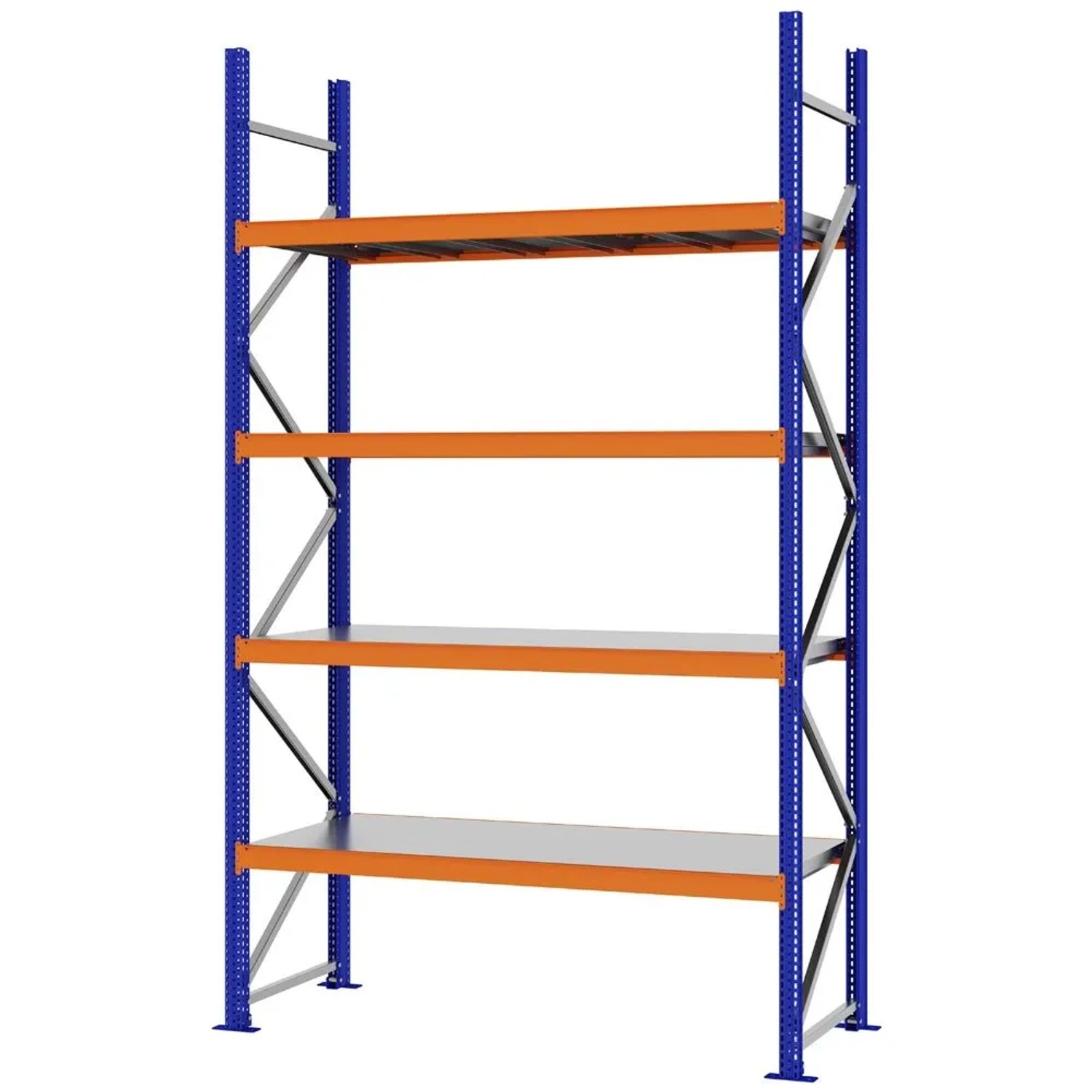 PROREGAL Weitspannregal Schraub-Stecksystem MAGNUS PRO Made In Germany Grundregal 300x175x60cm 4 Ebenen Stahlböden Fachlast 700kg Blau/Orange