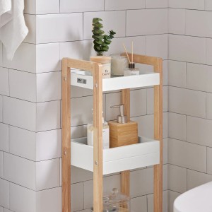 SoBuy Badregal aus Holz und Weiß, Standregal mit drei Ablagen für Badutensilien.