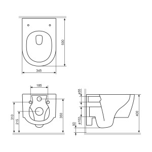 Technische Zeichnung AM.PM WC-Set Wand-WC, Maße und Details für Installation.