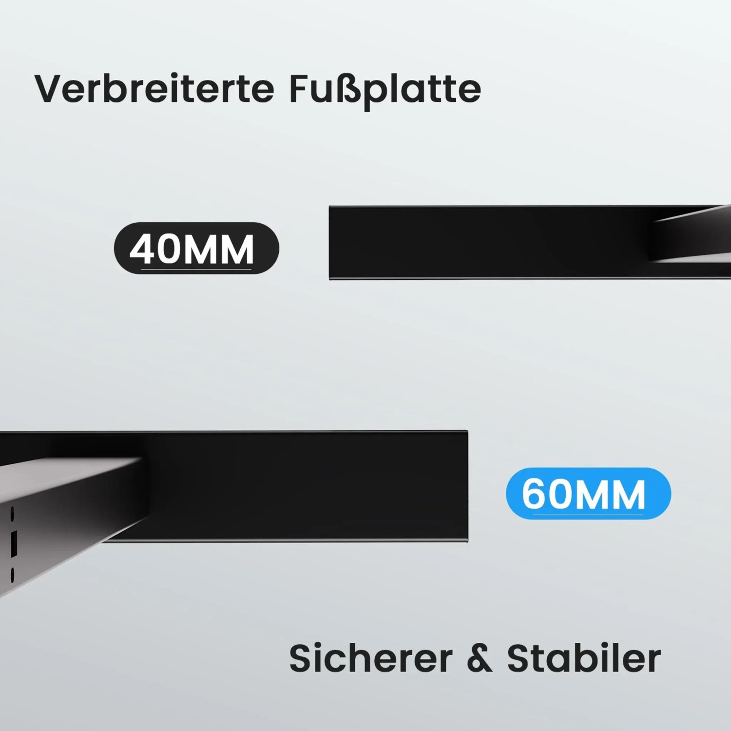 Detailaufnahme: Verbreiterte Fußplatte des höhenverstellbaren Schreibtischgestells in Schwarz.