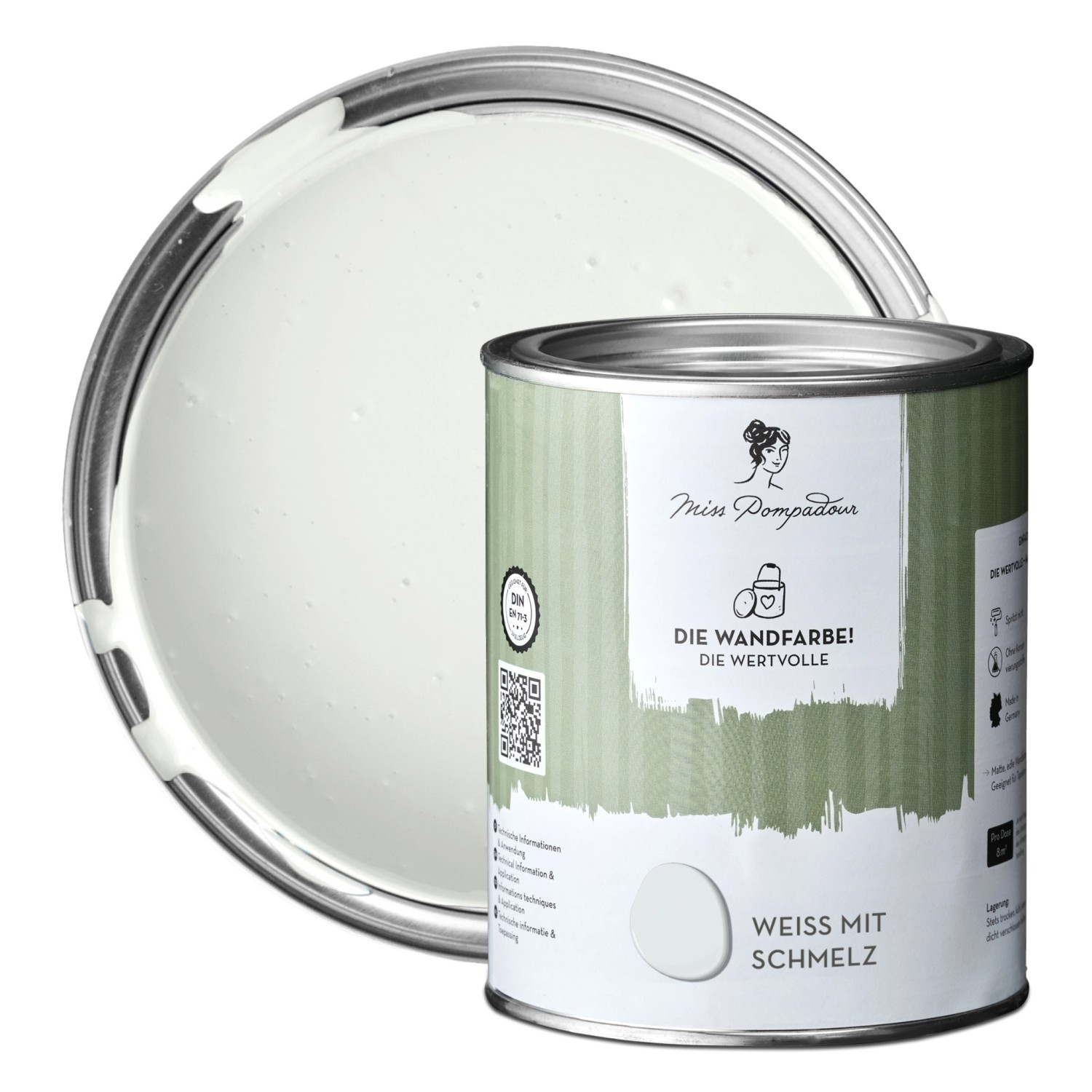 MissPompadour Extramatte Wandfarbe Weiß mit Schmelz 1L Hochdeckend Spritzfrei