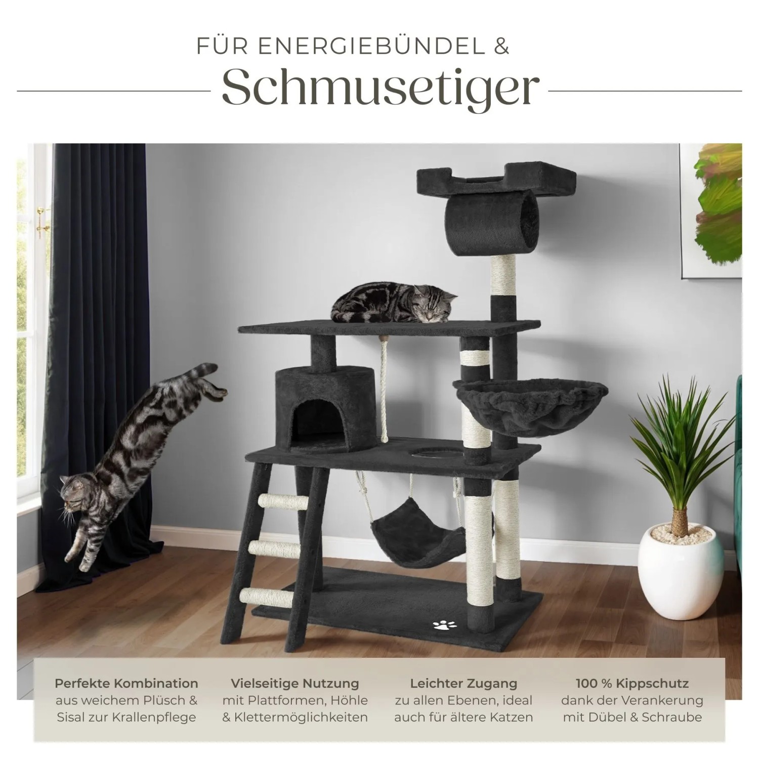 Schwarzer Tectake Kratzbaum Marcel mit Sisal, 141 cm hoch, mit Katzen.
