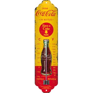 Gelbes Coca-Cola Thermometer im Retro-Design mit Celsius- und Fahrenheit-Skala.