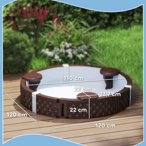 AIYAPLAY Sandkasten 120x120 cm, imprägniert, mit Sitzbänken und Maßangaben.