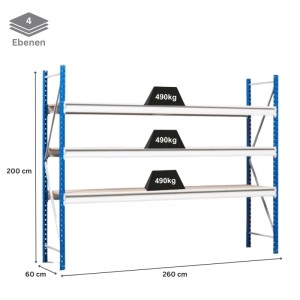 PROREGAL Weitspannregal Maximus Pro Grundregal, 200x260x60cm, 4 Ebenen, Fachlast 490kg, blau/grau.